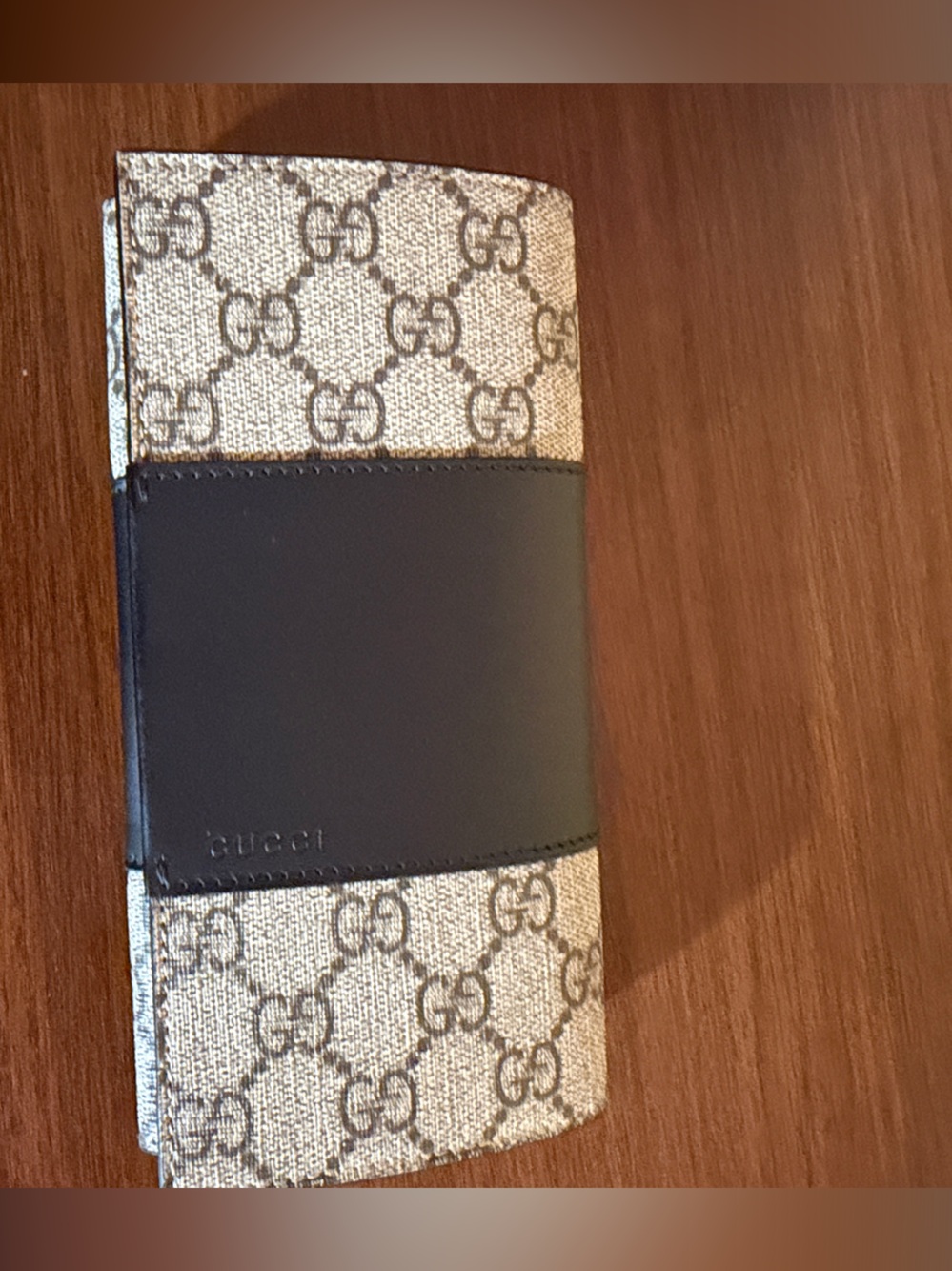 Gucci Beige Monogram Canvas Wallet with Black Leather Panel